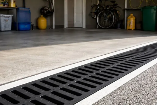 Driveway trench drain installed across a garage entrance