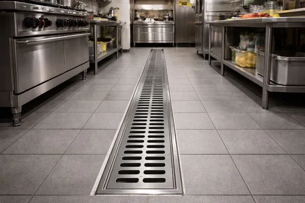 Stainless trench drain in a commercial kitchen